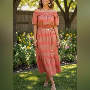 Oliphant Coral Sequin On/Off Shoulder Midi Dress